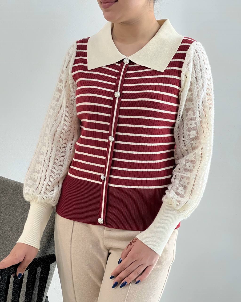 پلیور بافت آستین گیپور راه راه کد 4082