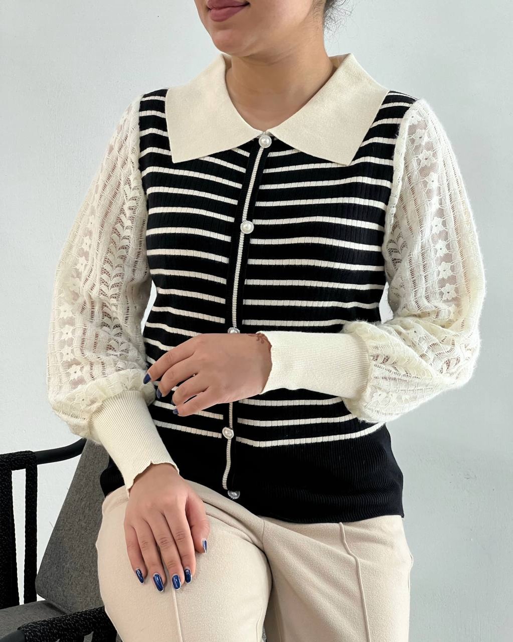 پلیور بافت آستین گیپور راه راه کد 4082