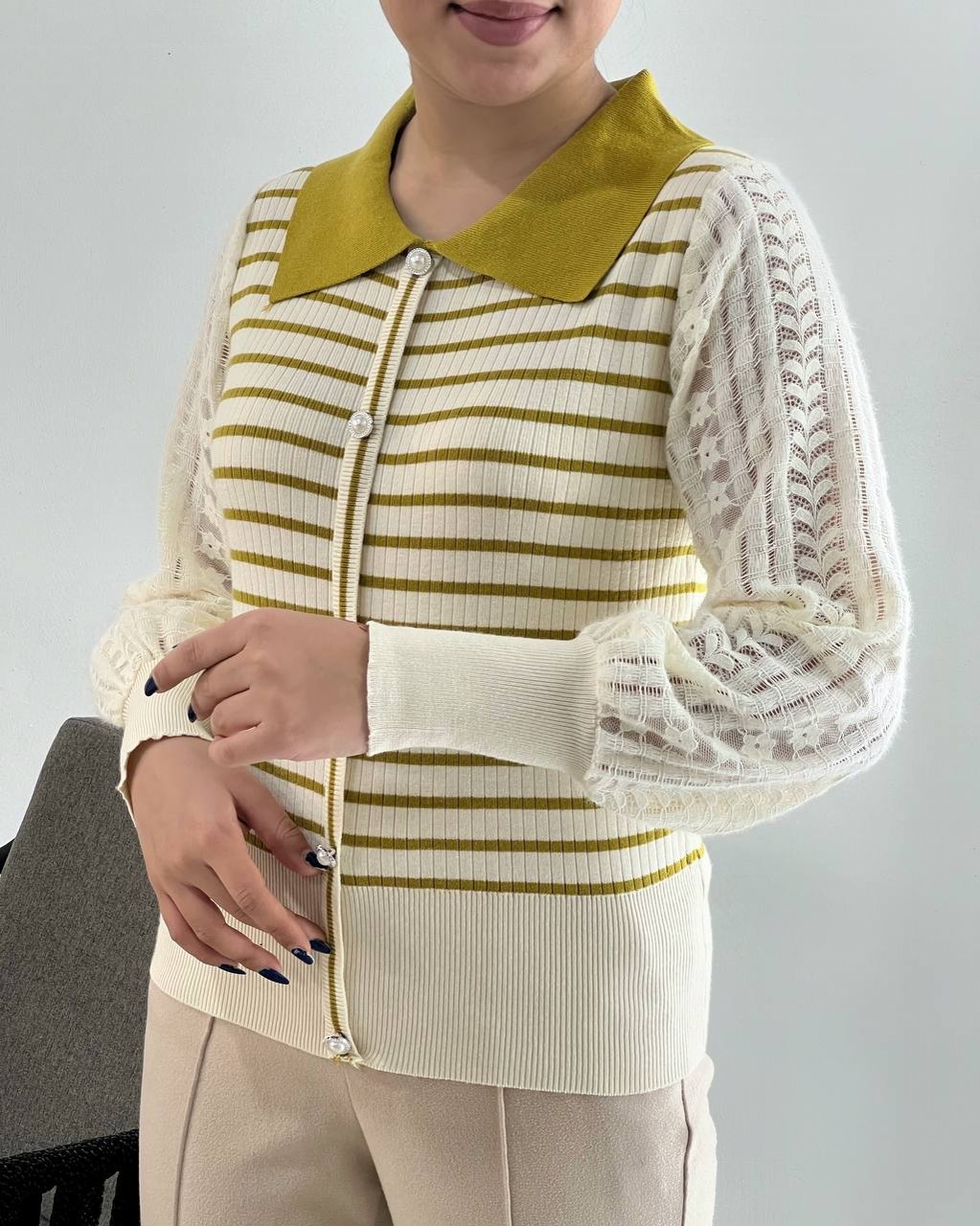 پلیور بافت آستین گیپور راه راه کد 4082