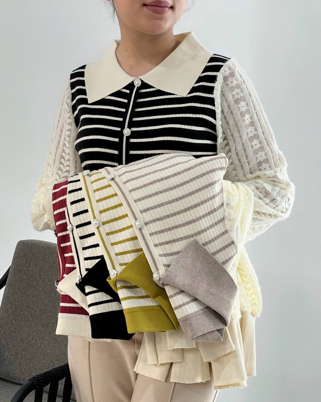 پلیور بافت آستین گیپور راه راه کد 4082