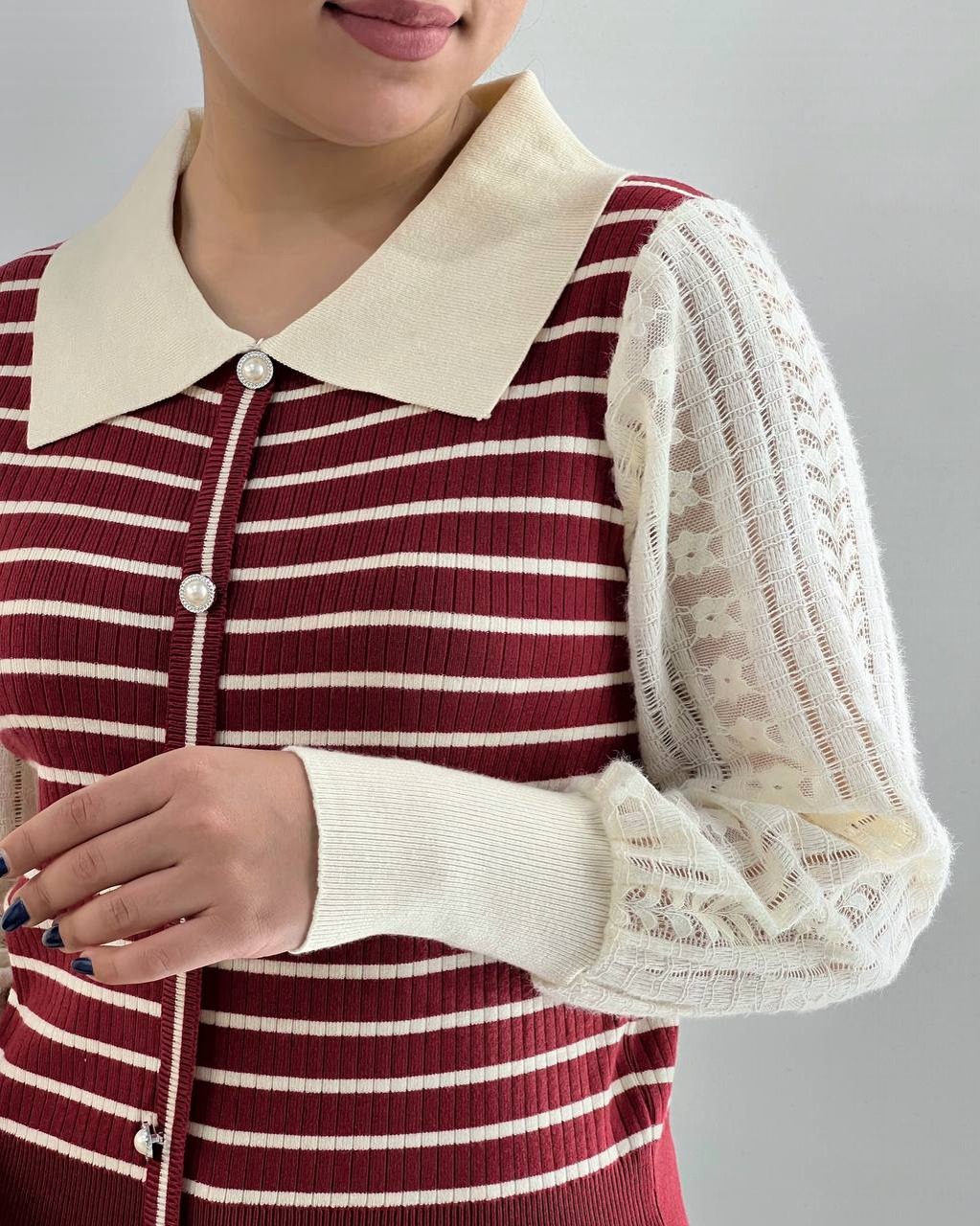 پلیور بافت آستین گیپور راه راه کد 4082