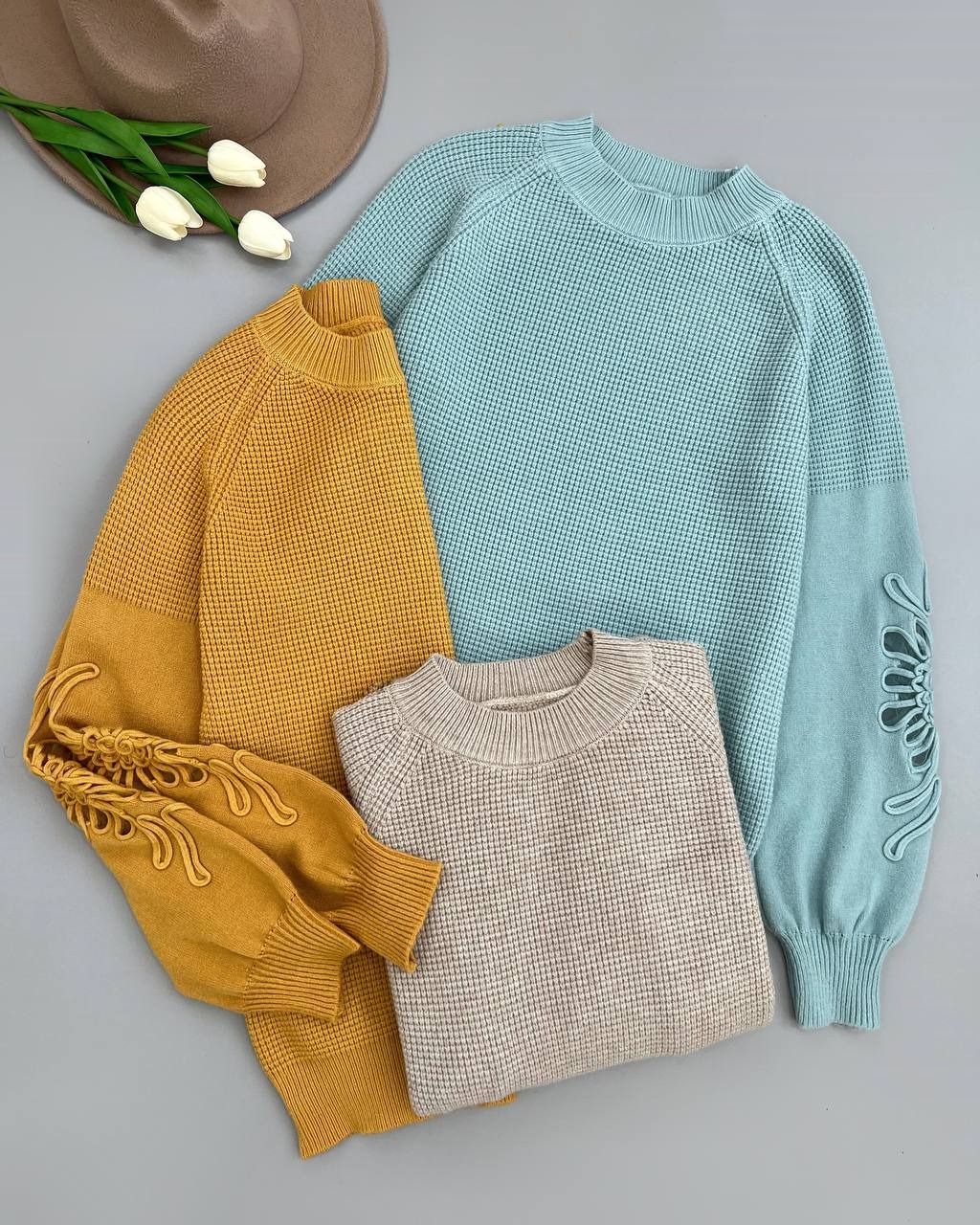 پلیور بافت آستین پف نوار دوزی کد 4087