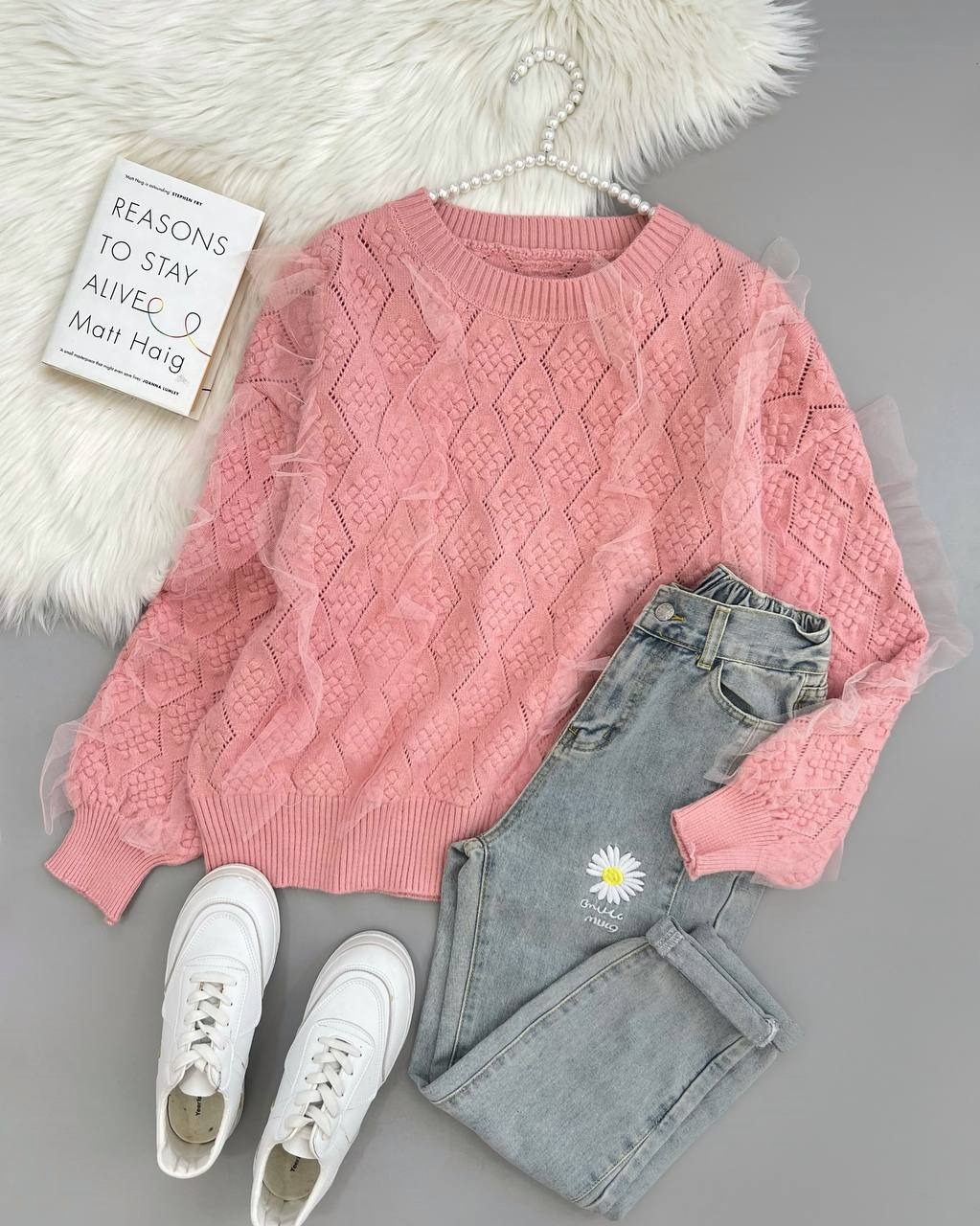 پلیور بافت گل برجسته توری کد 4100