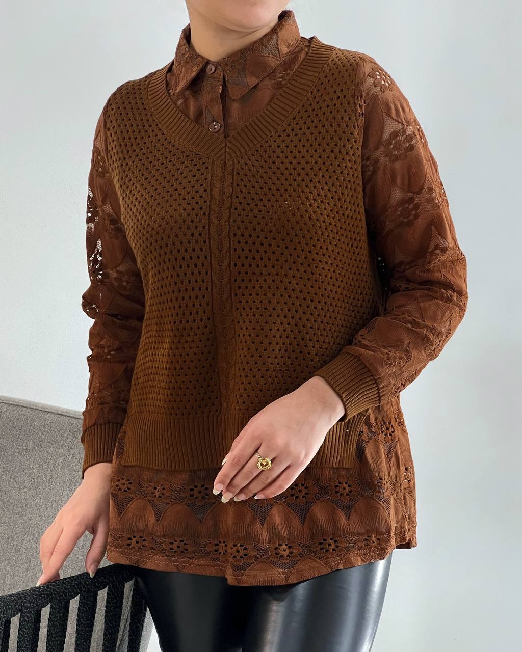 شومیز ترکیبی بافت+گیپور کد 4107