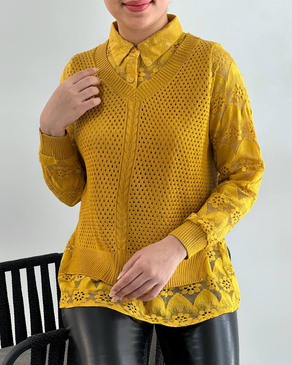 شومیز ترکیبی بافت+گیپور کد 4107