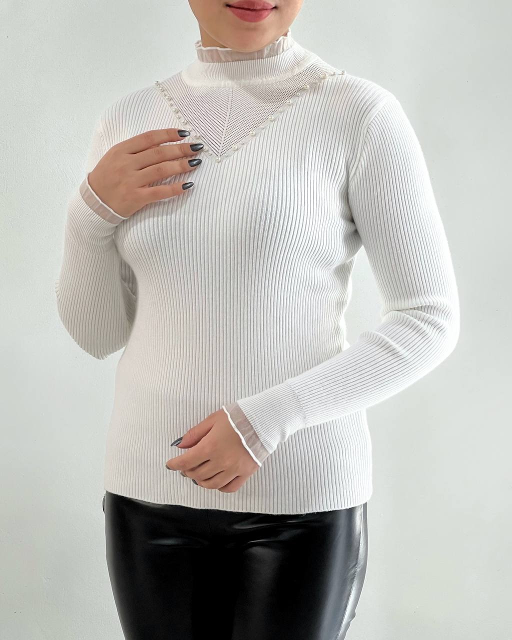 پلیور بافت یقه چین مرواریدی کد 4116