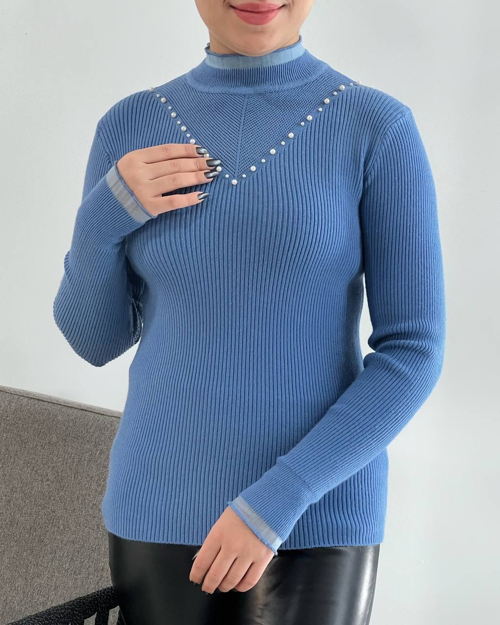 پلیور بافت یقه چین مرواریدی کد 4116