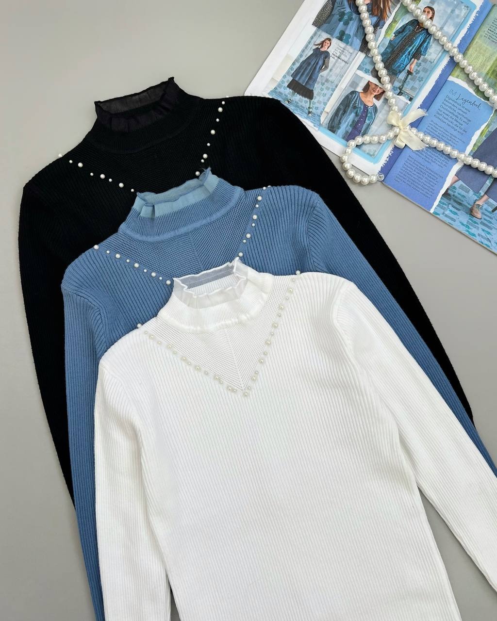 پلیور بافت یقه چین مرواریدی کد 4116