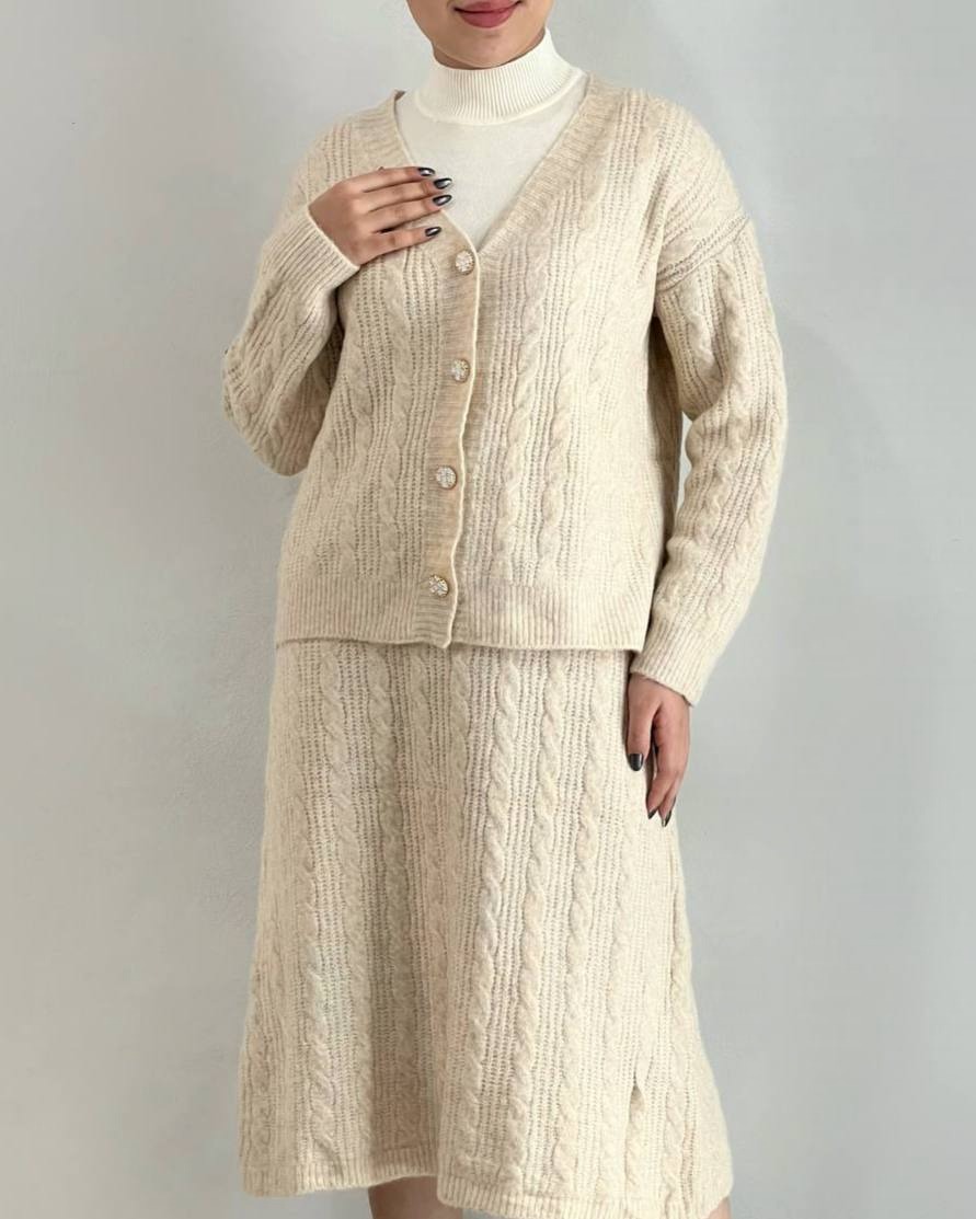 ست ژاکت بافت بهمراه دامن کد 4123