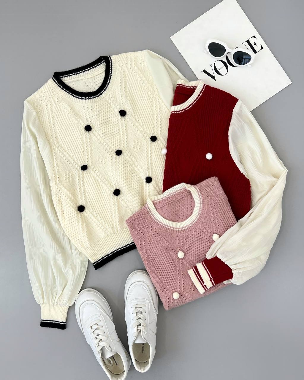 پلیور بافت توپی آستین پلیسه کد 4133