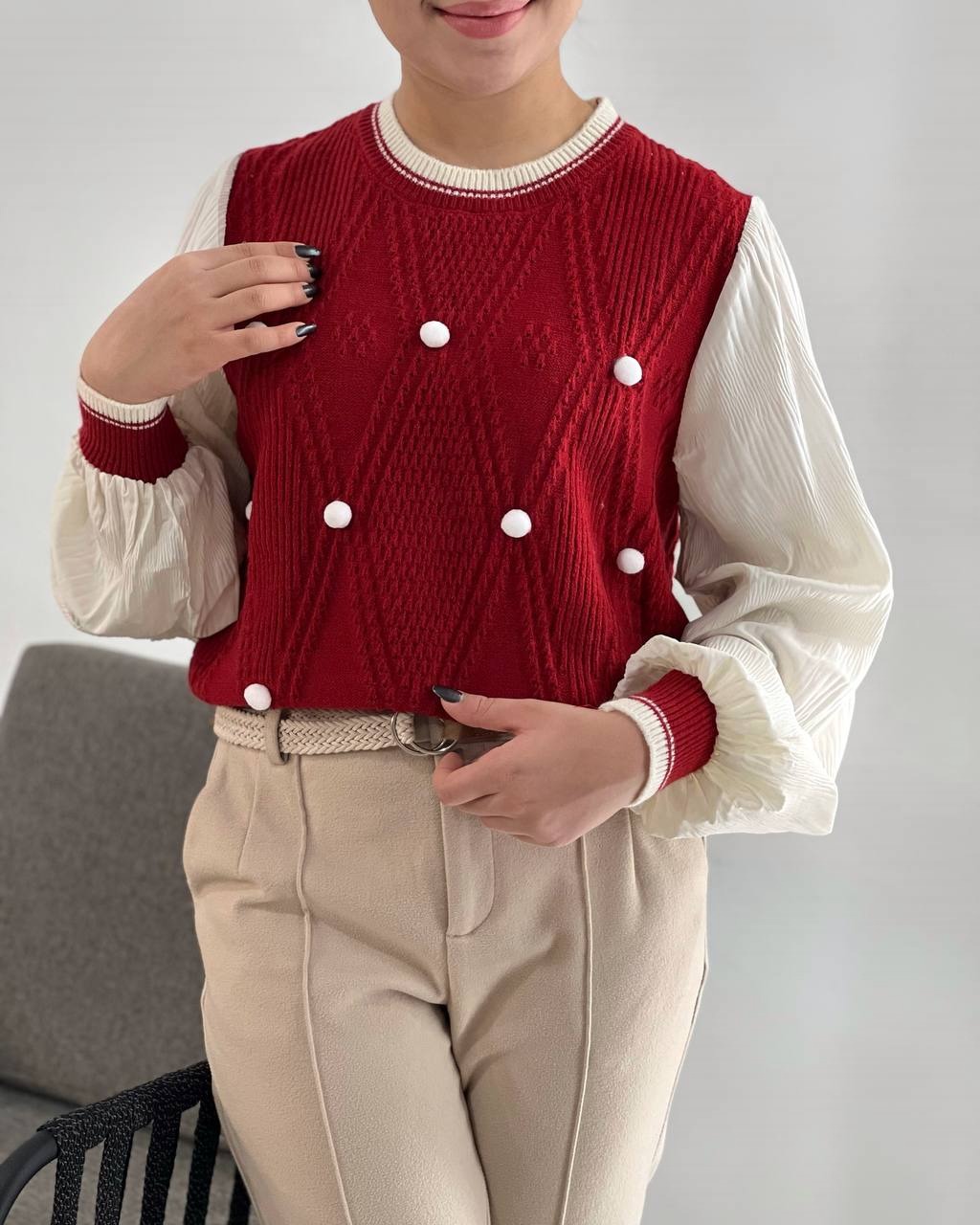 پلیور بافت توپی آستین پلیسه کد 4133