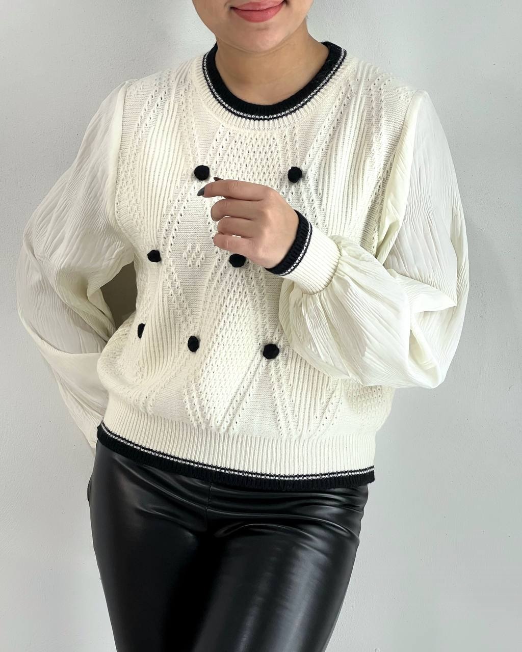 پلیور بافت توپی آستین پلیسه کد 4133