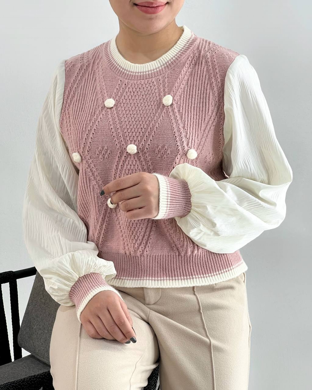 پلیور بافت توپی آستین پلیسه کد 4133