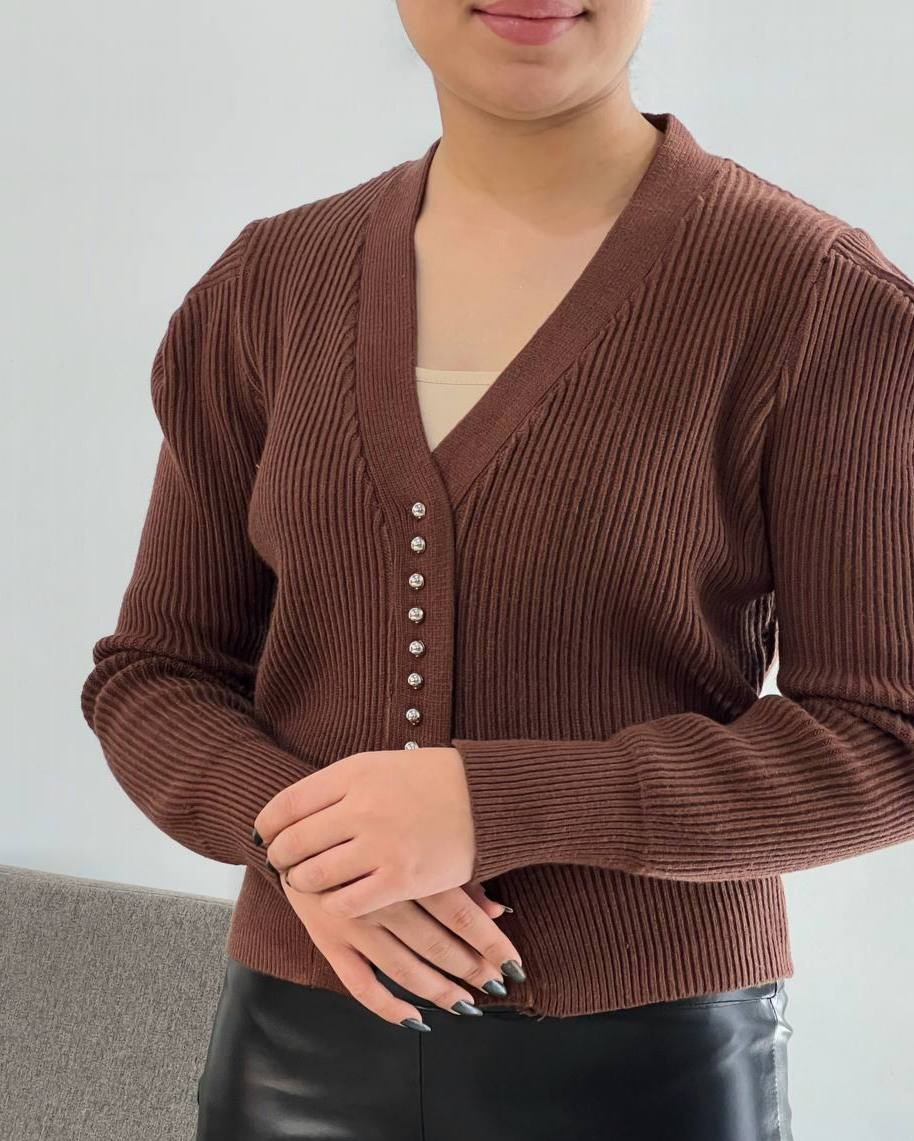 ژاکت بافت جلو دکمه سه رنگ کد 4149