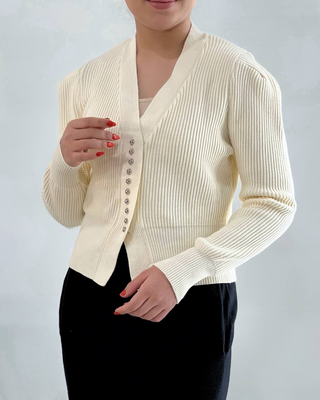 ژاکت بافت جلو دکمه سه رنگ کد 4149