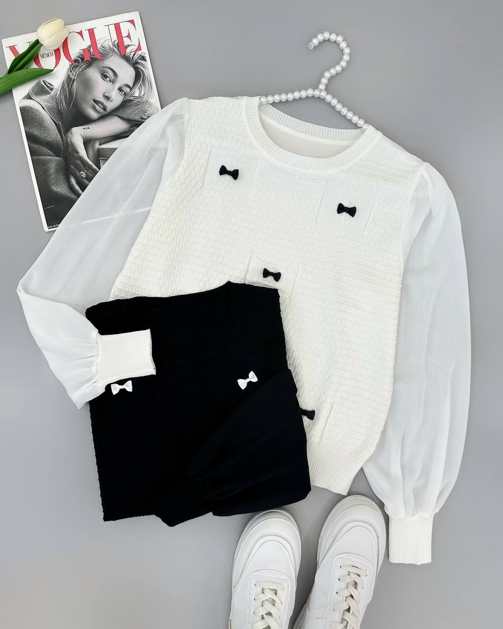 پلیور بافت آستین حریر پاپیون کد 4178