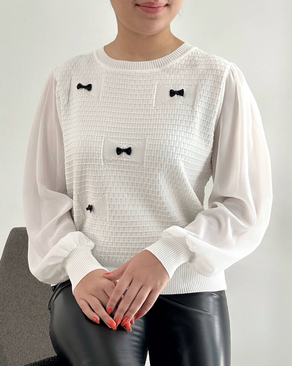 پلیور بافت آستین حریر پاپیون کد 4178