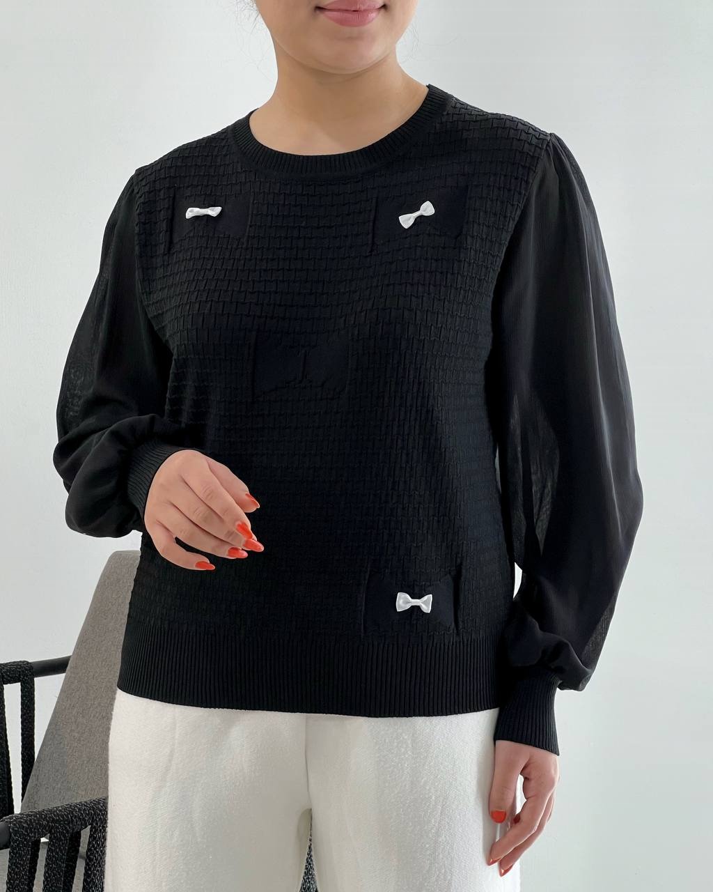 پلیور بافت آستین حریر پاپیون کد 4178