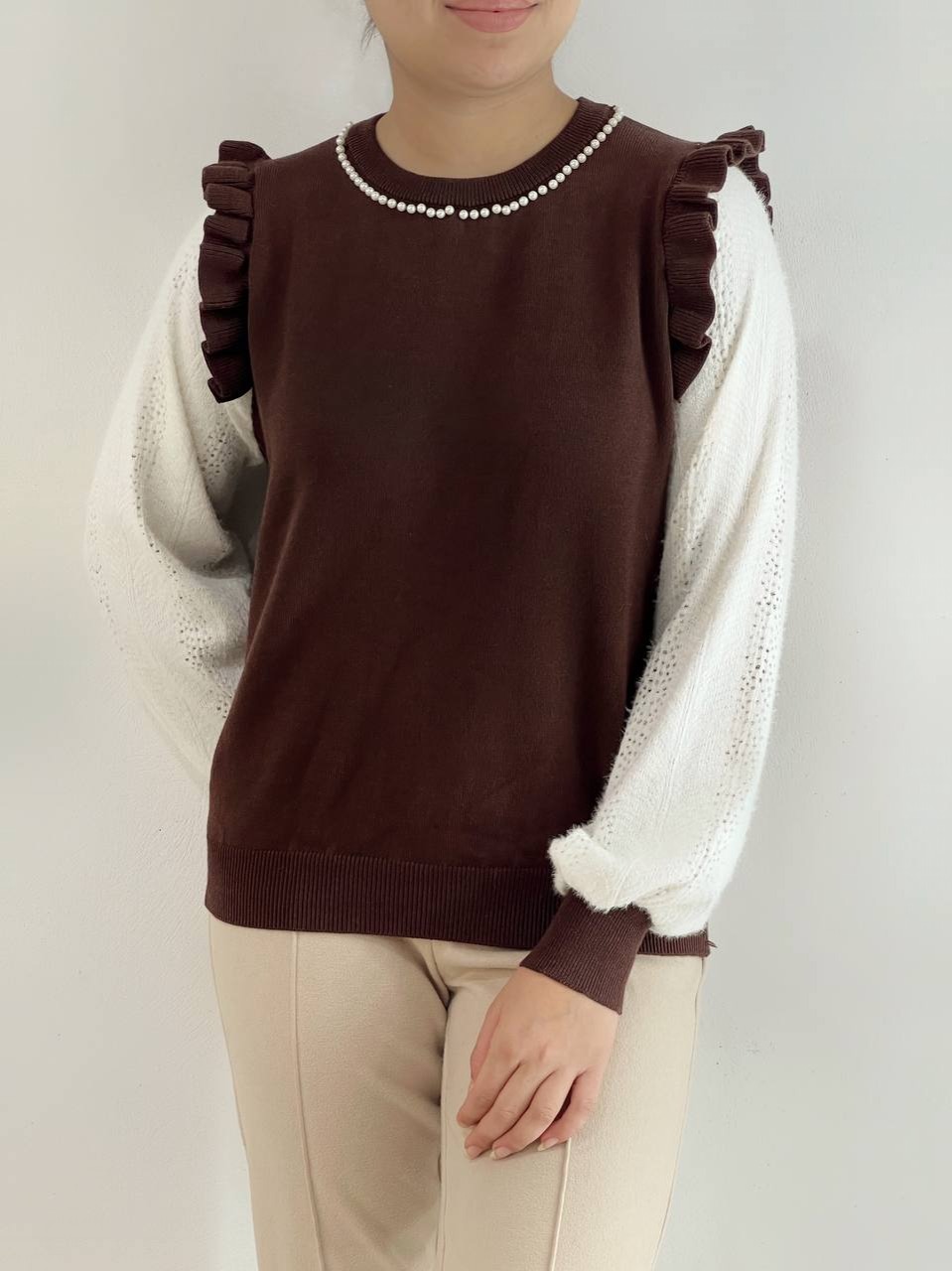 پلیور بافت مروارید سرشانه چین کد 4221