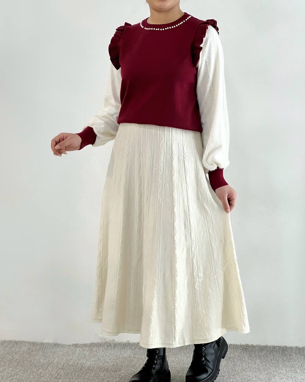 پلیور بافت مروارید سرشانه چین کد 4221