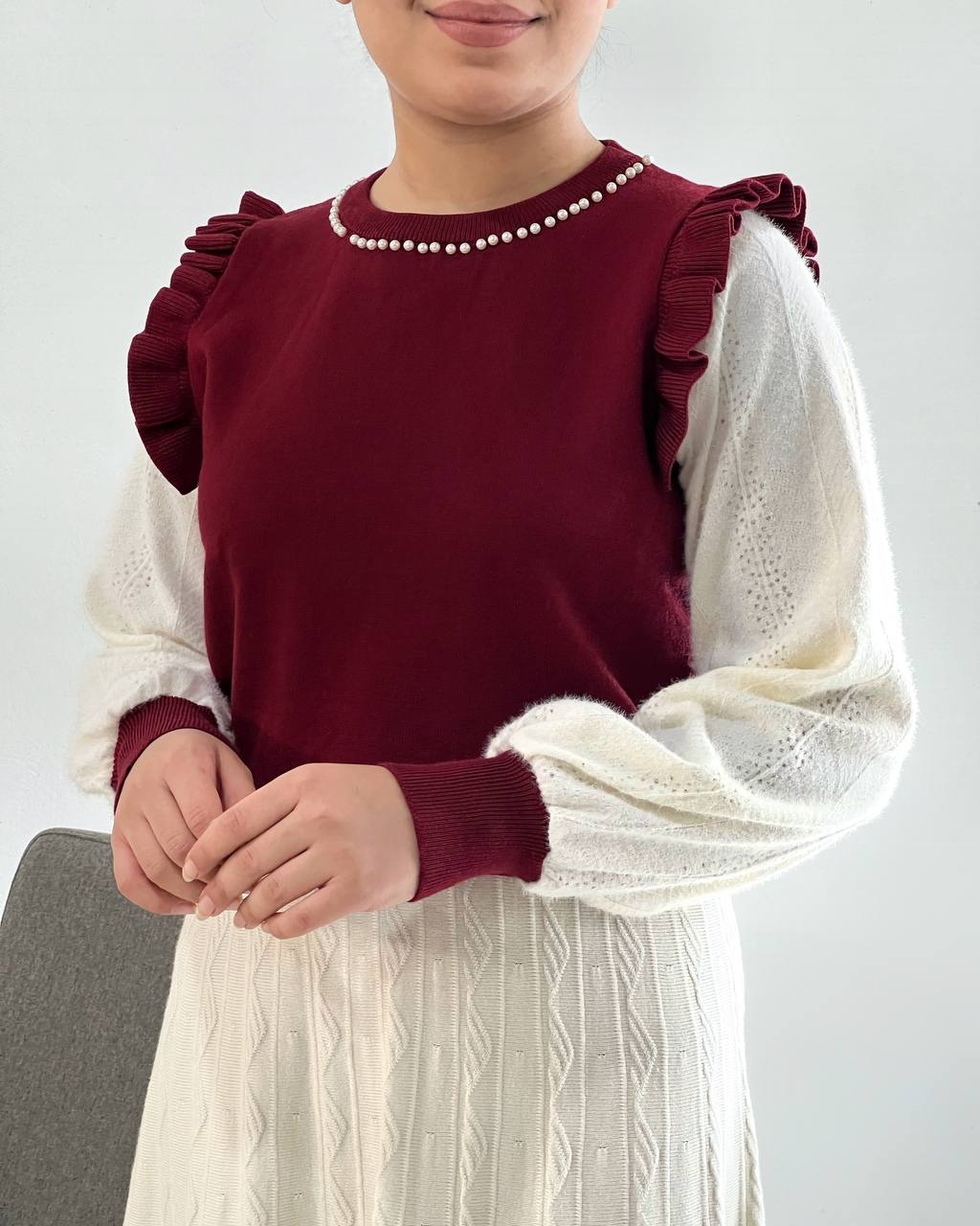 پلیور بافت مروارید سرشانه چین کد 4221