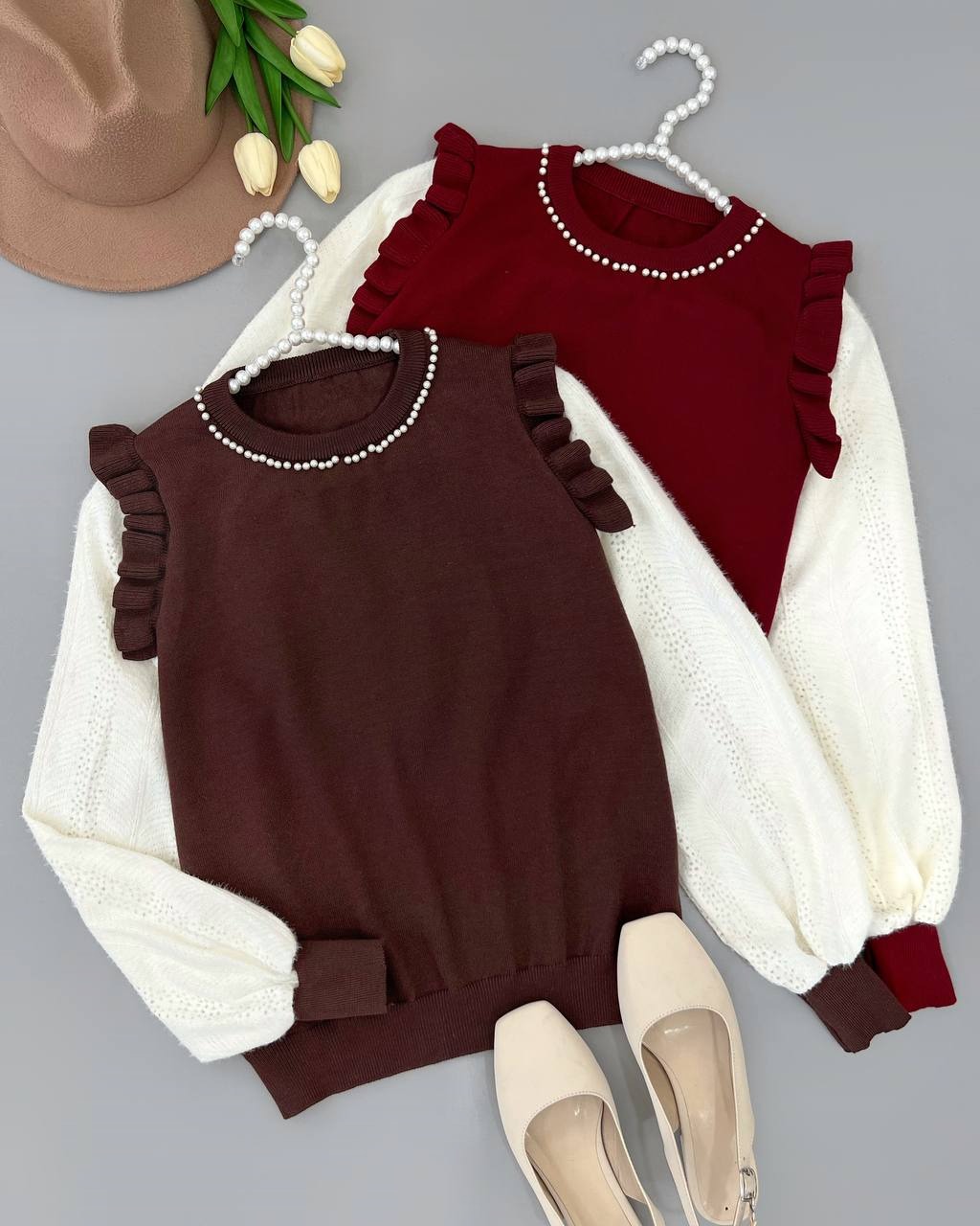 پلیور بافت مروارید سرشانه چین کد 4221