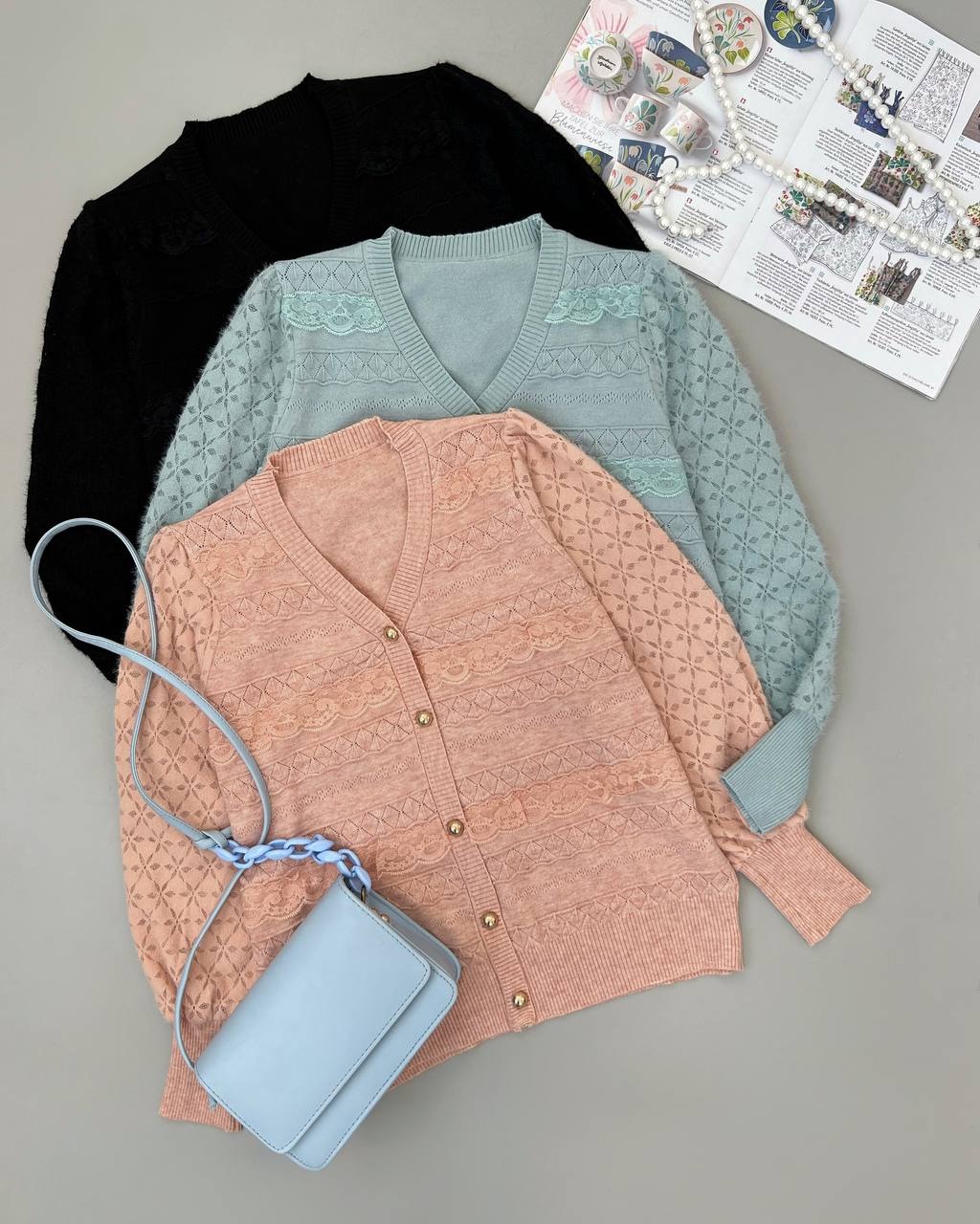 پلیور بافت نما دکمه آستین گیپور کد 4236