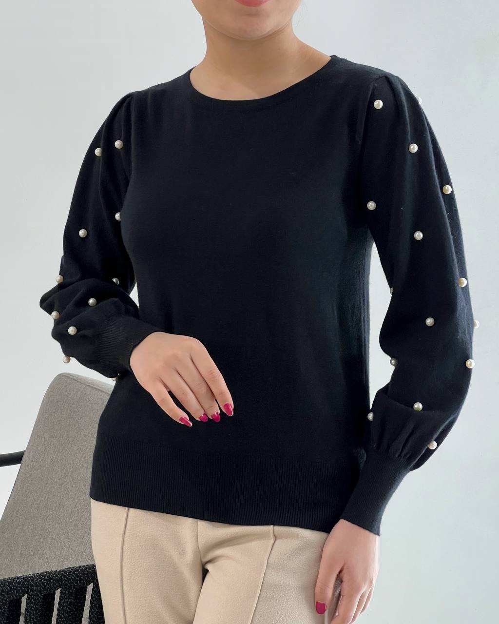 پلیور بافت آستین مروارید دو رنگ کد 4245