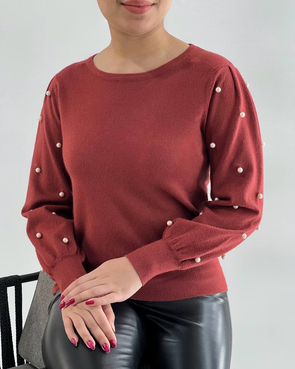 پلیور بافت آستین مروارید دو رنگ کد 4245