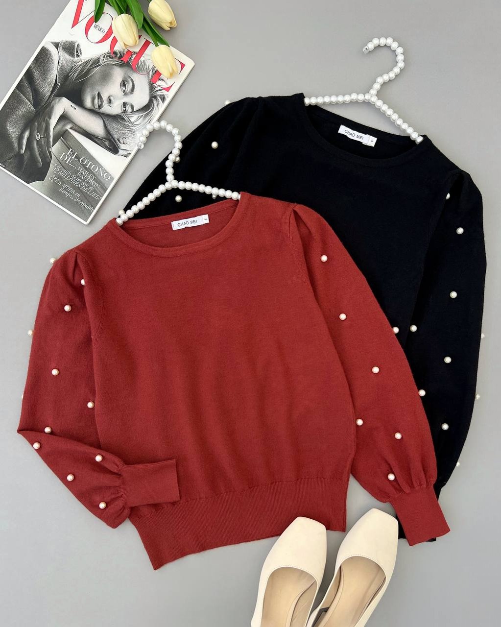 پلیور بافت آستین مروارید دو رنگ کد 4245