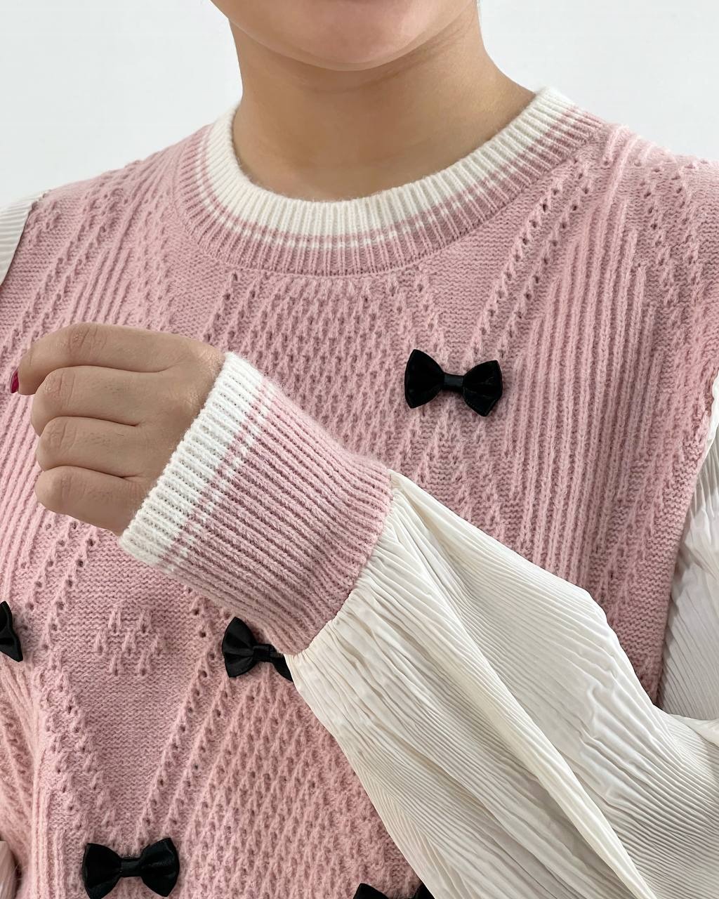 پلیور بافت آستین پلیسه پاپیون کد 4249