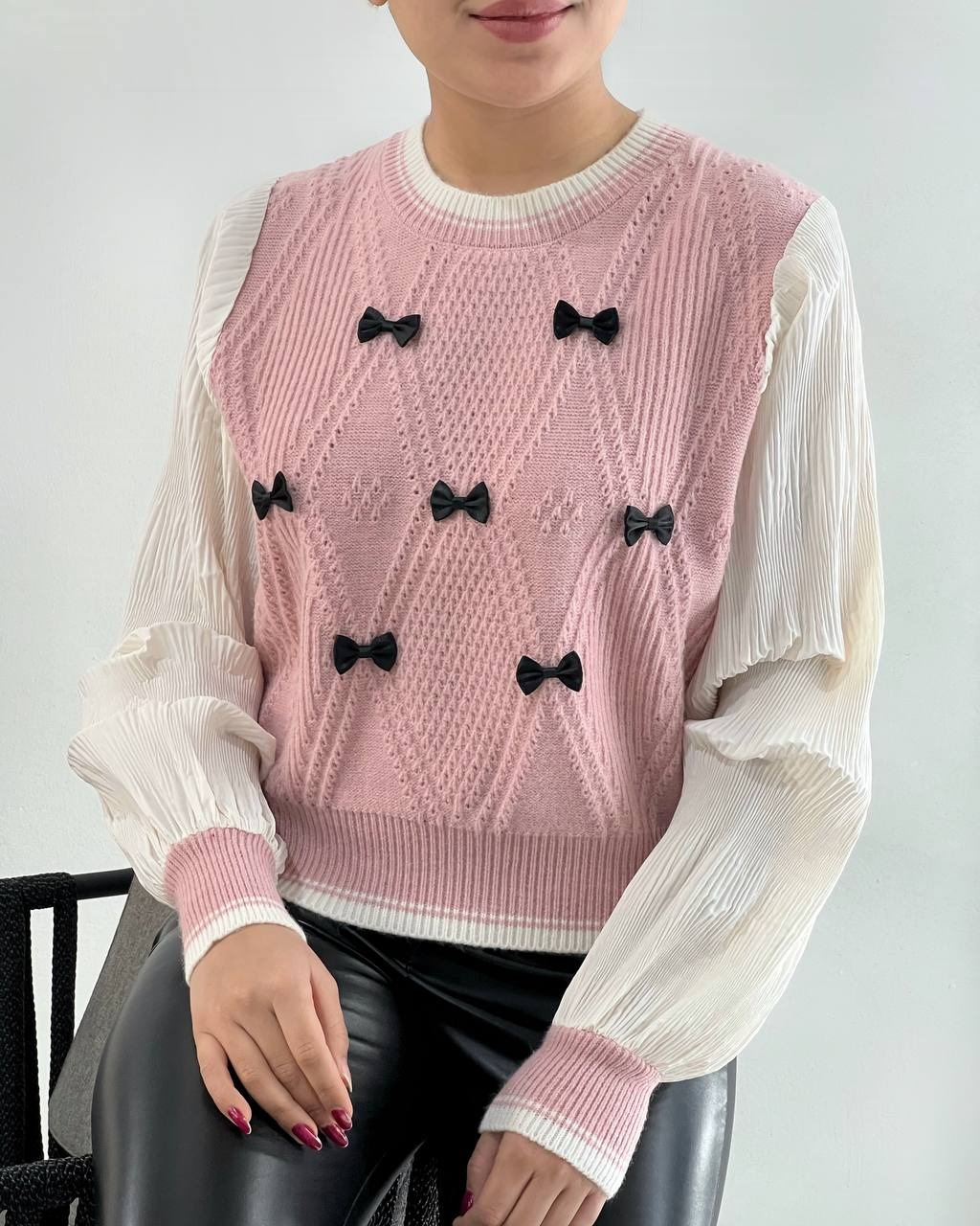 پلیور بافت آستین پلیسه پاپیون کد 4249