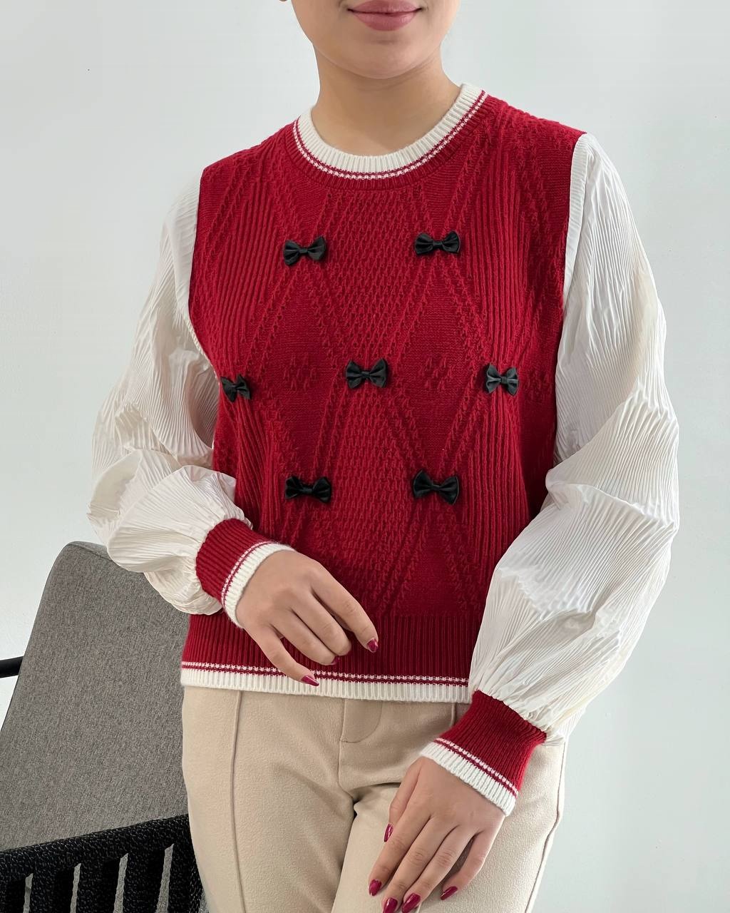 پلیور بافت آستین پلیسه پاپیون کد 4249