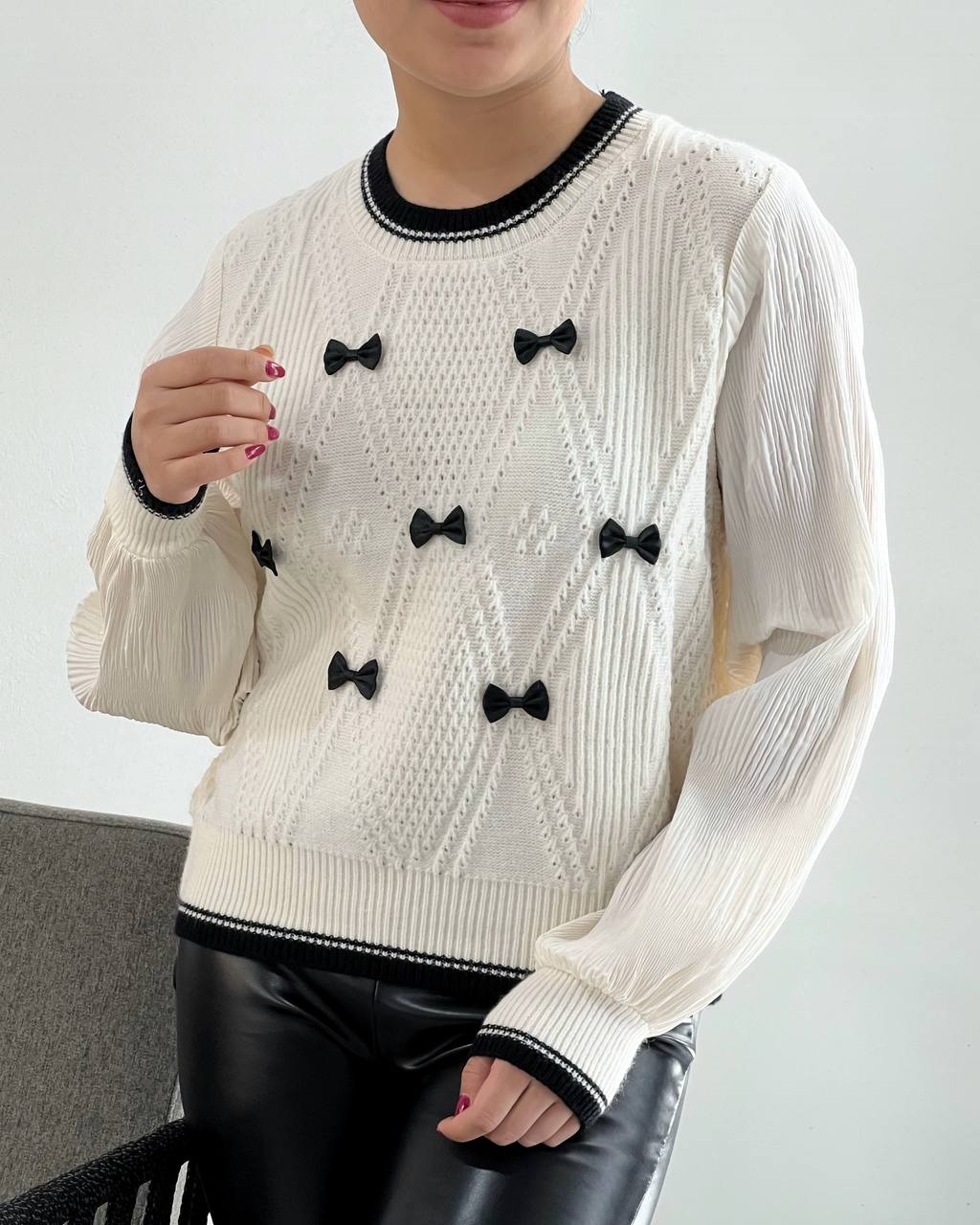 پلیور بافت آستین پلیسه پاپیون کد 4249