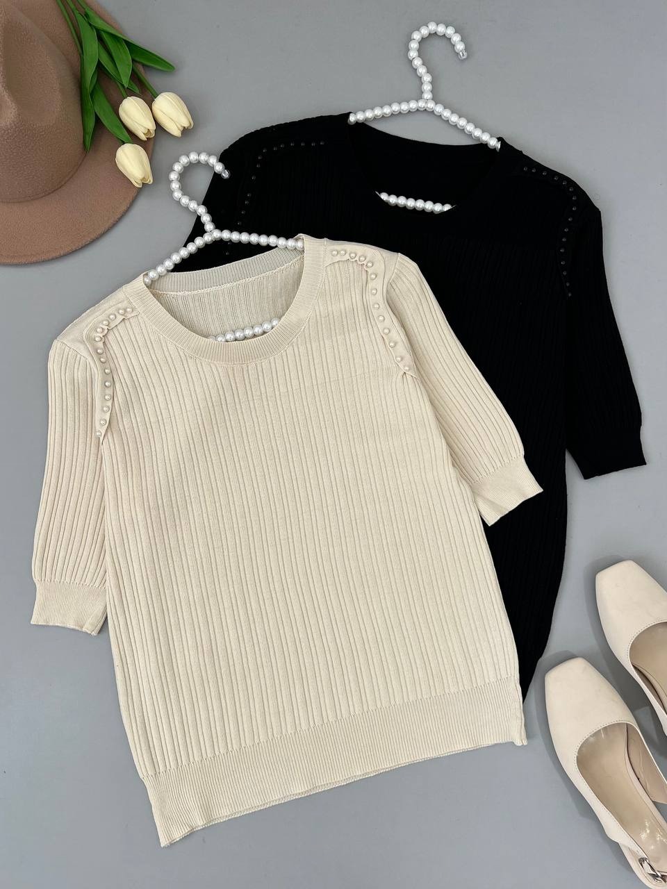 بلوز بافت سرشانه مروارید کد 4255