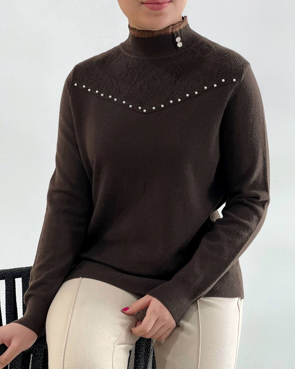 پلیور بافت یقه چین و مروارید کد 4258