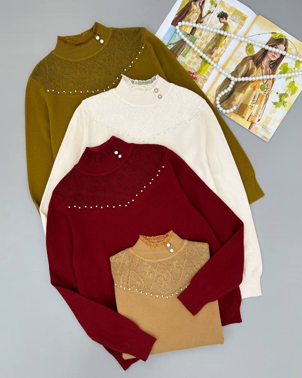 پلیور بافت یقه چین و مروارید کد 4258