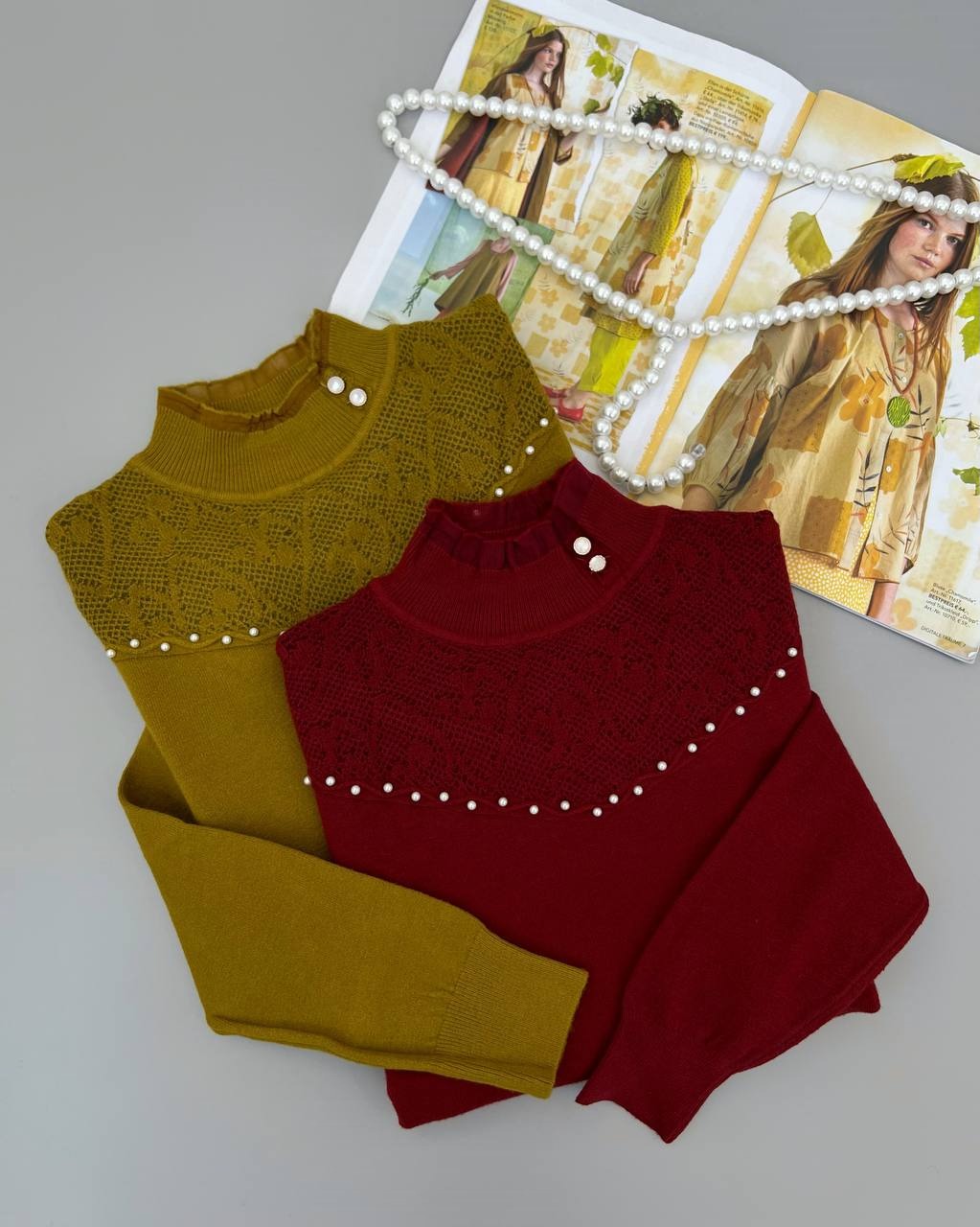 پلیور بافت یقه چین و مروارید کد 4258