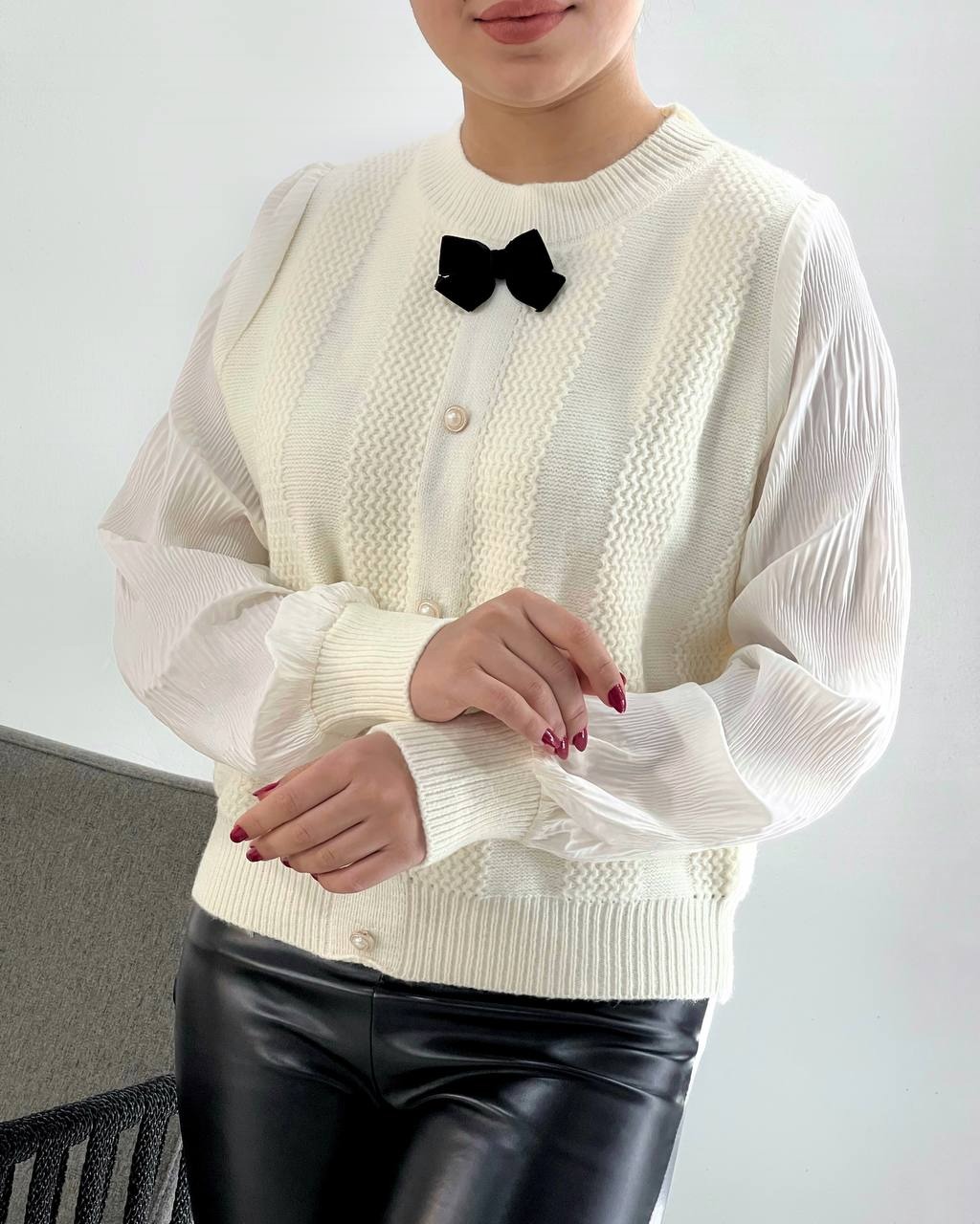 پلیور بافت آستین پلیسه تک پاپیون کد 4265