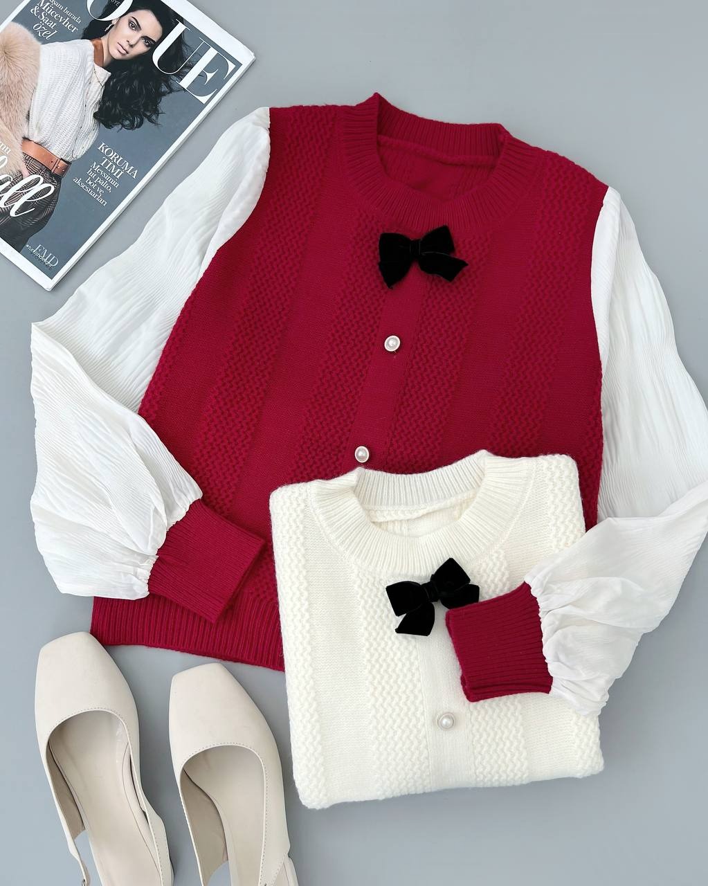 پلیور بافت آستین پلیسه تک پاپیون کد 4265