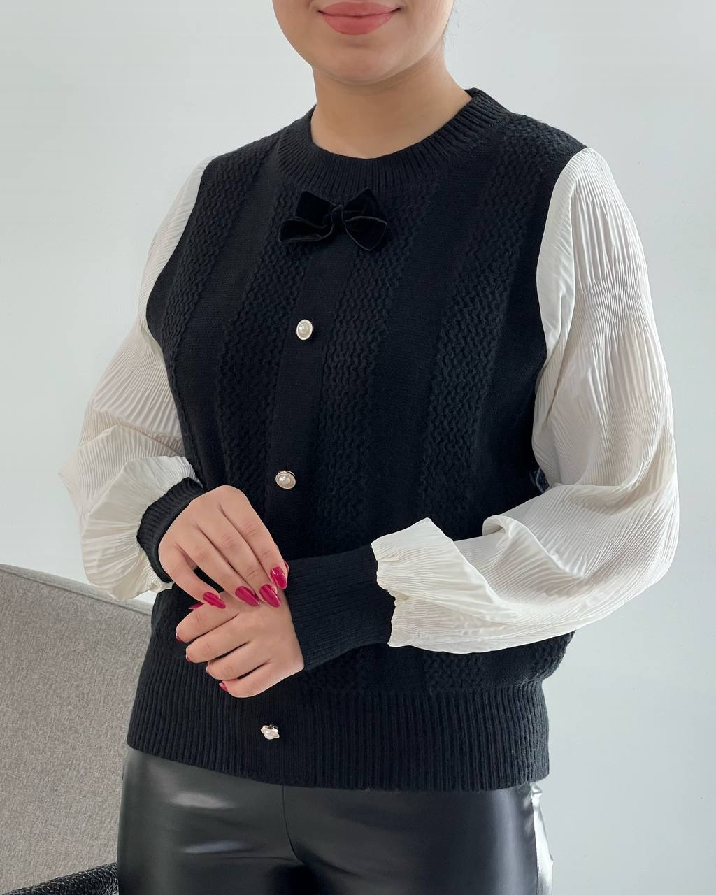 پلیور بافت آستین پلیسه تک پاپیون کد 4265