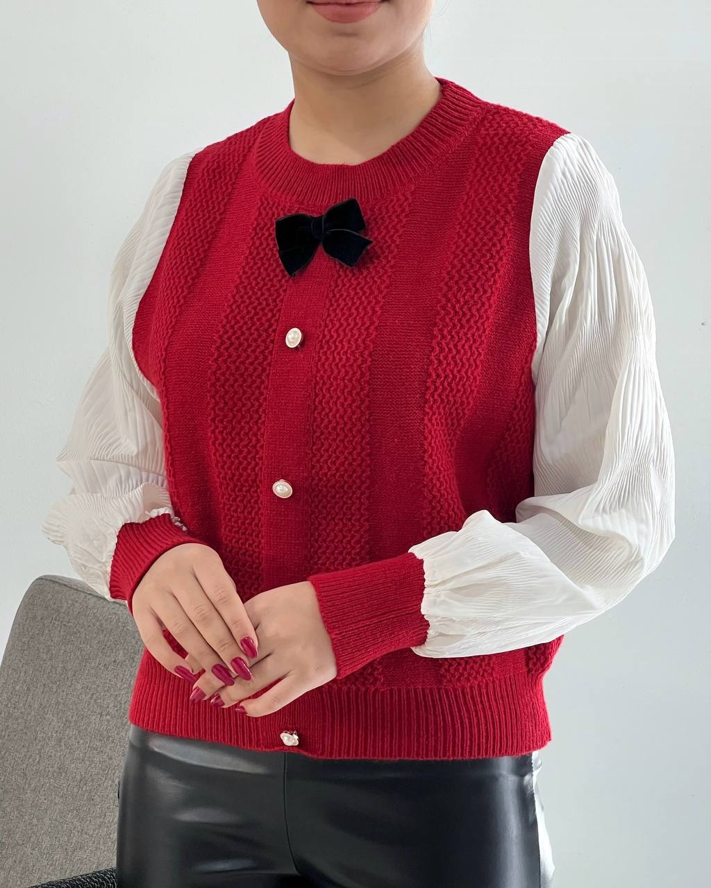 پلیور بافت آستین پلیسه تک پاپیون کد 4265