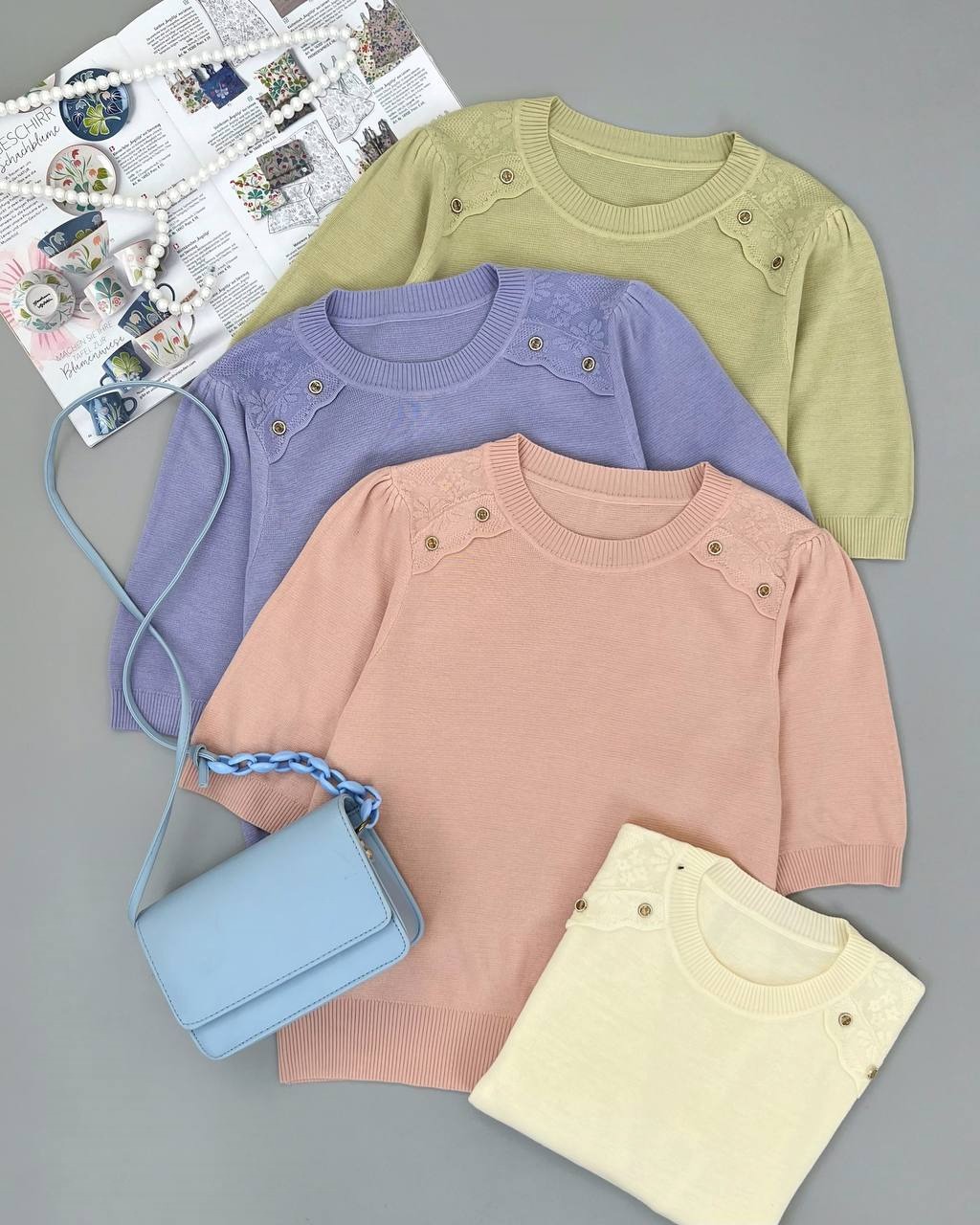 پلیور بافت آستین سه ربع سرشانه دکمه کد 4271