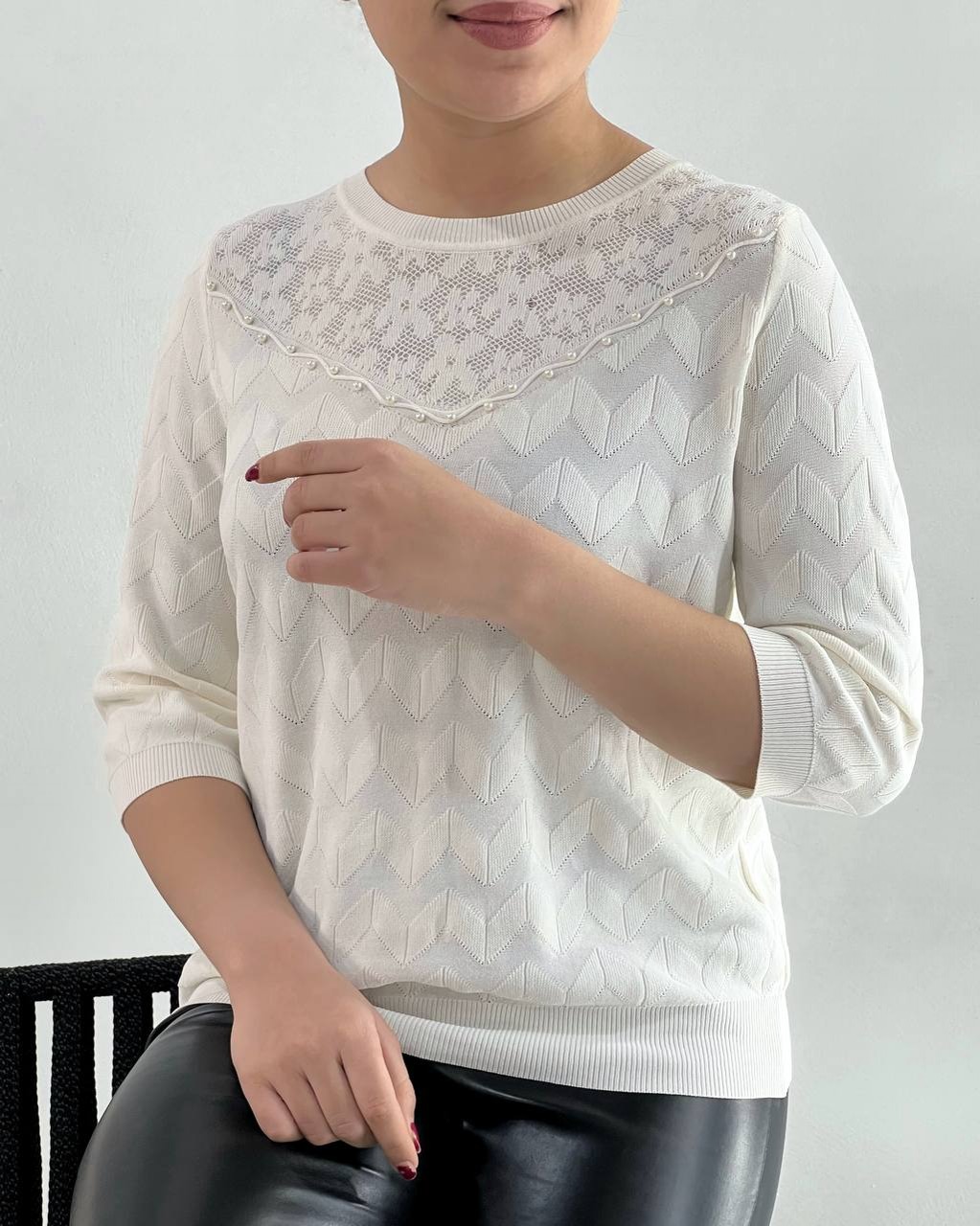 پلیور بافت آستین سه ربع یقه مروارید کد 4297