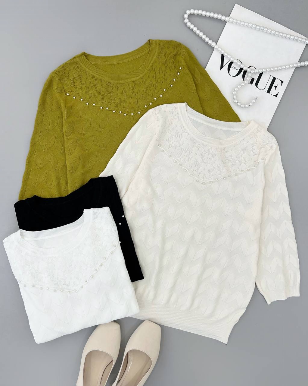 پلیور بافت آستین سه ربع یقه مروارید کد 4297