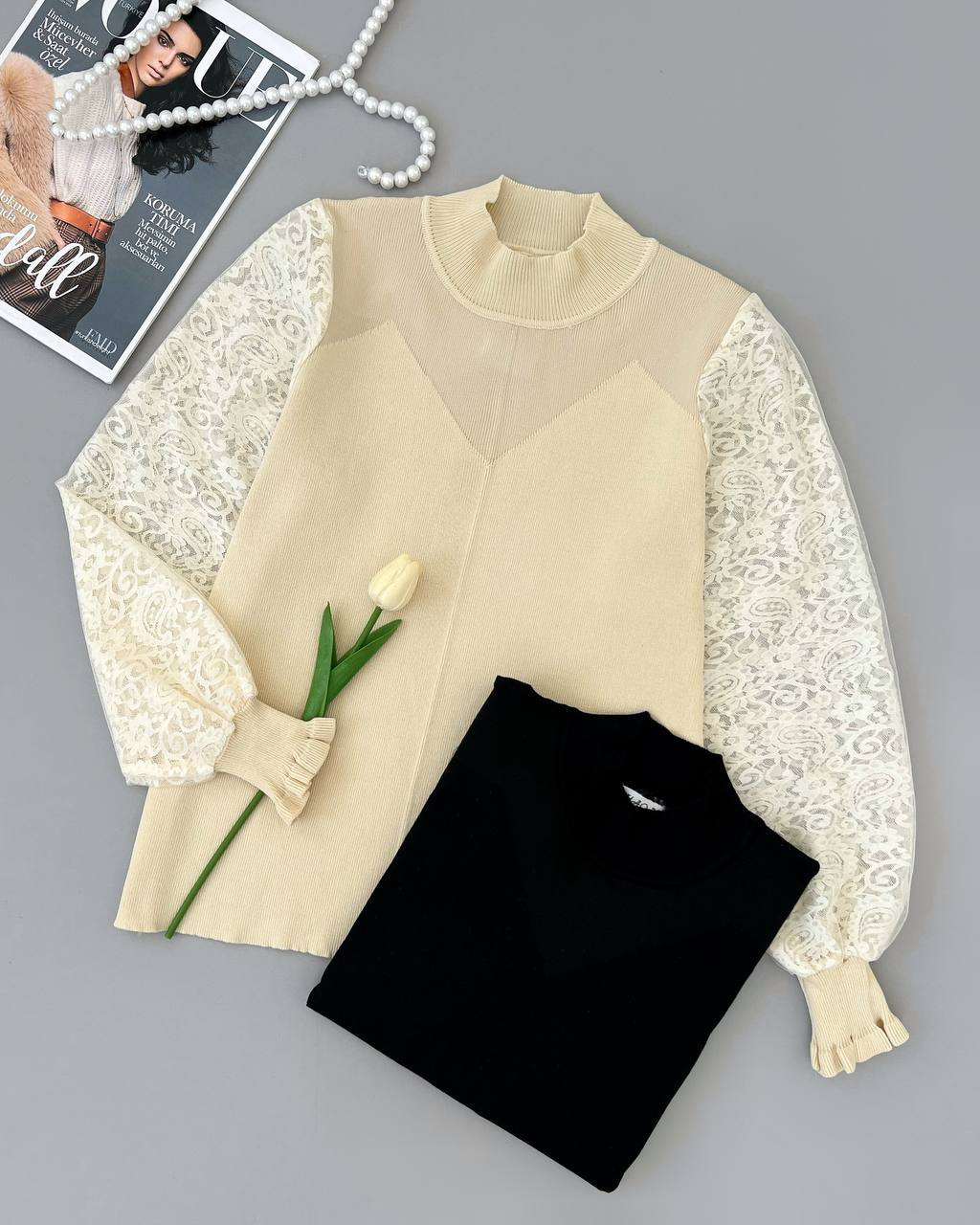 پلیور بافت آستین گیپور دو رنگ کد 4311