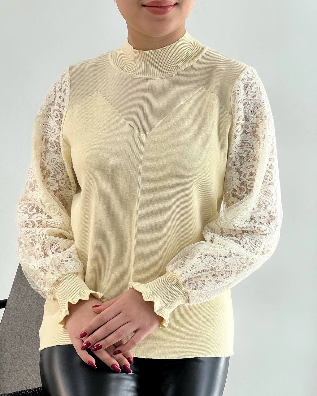 پلیور بافت آستین گیپور دو رنگ کد 4311