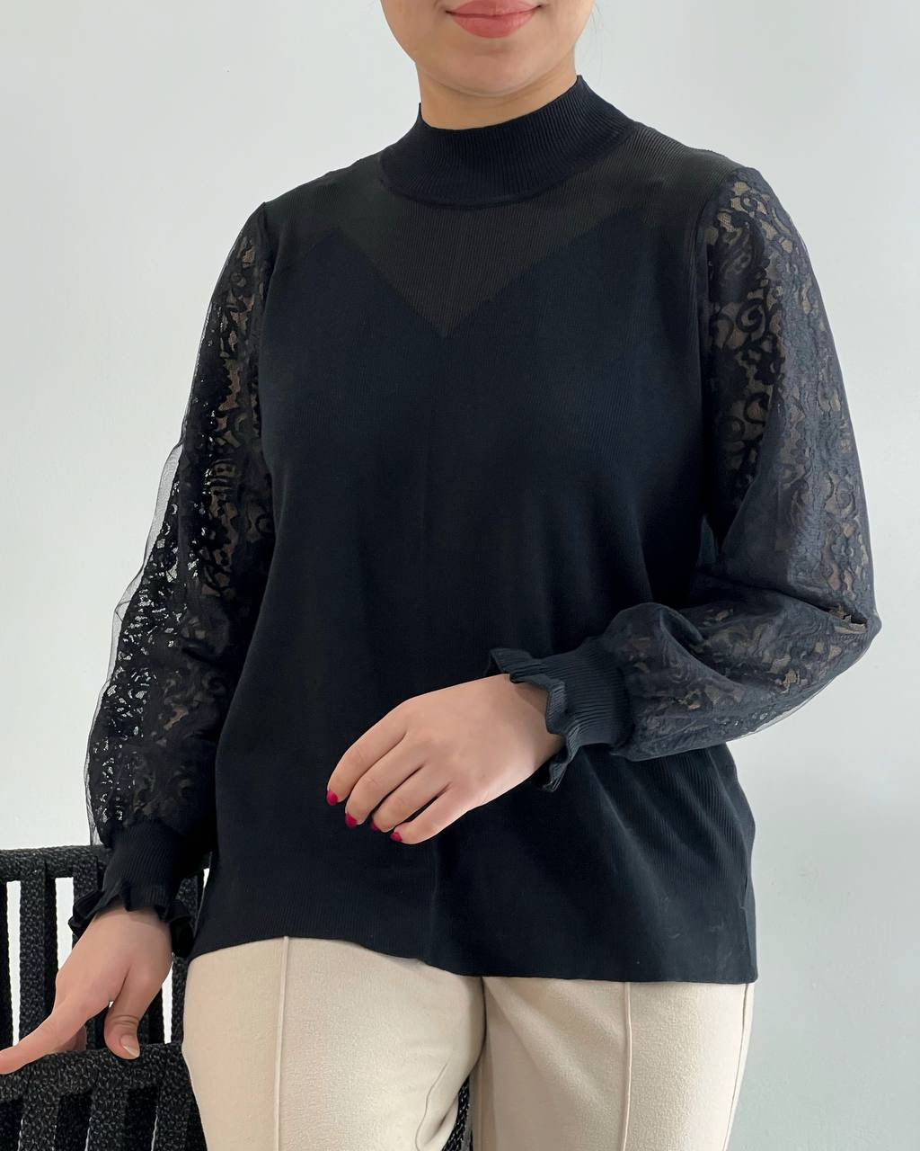 پلیور بافت آستین گیپور دو رنگ کد 4311