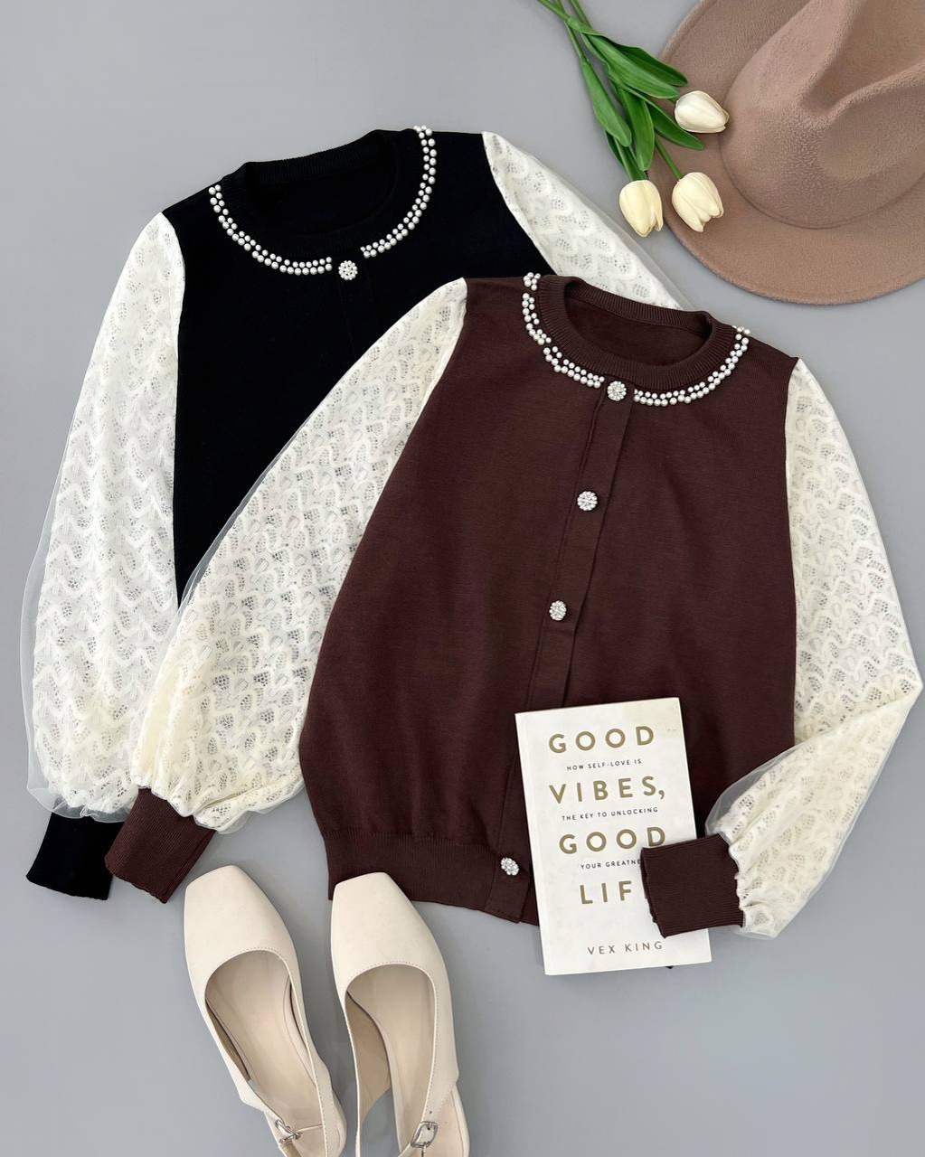 پلیور بافت آستین تور و گیپور یقه مروارید کد 4314