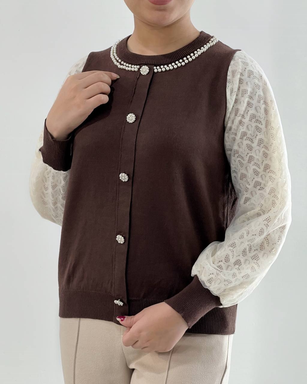 پلیور بافت آستین تور و گیپور یقه مروارید کد 4314